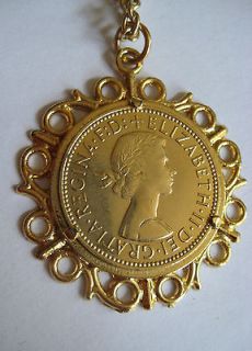 VTG Gold tone Queen Elizabeth II Half Penny Coin Pendant Golden Hind 