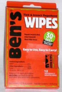 Bens Insect & Tick Repellent Wipes (12 Pack) Mosquito Camping/Hiking 