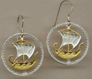 Gold/Silver Coin Earrings, Cyprus 5 Mils Viking Ship