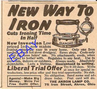 1924 AKRON DIAMOND GAS POWERED CLOTHES IRON AD AKRON OH