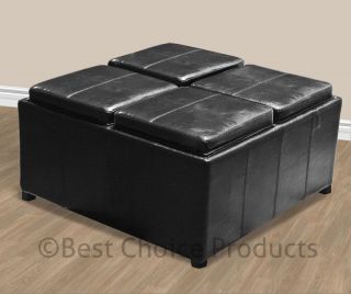   Ottoman With 4 Tray Tops Storage Bench Coffee Table Black Leather New