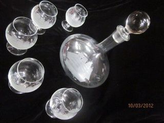 Vintage Nautical Hand Etched Decanter w/ 5 Cordial/Port Glasses