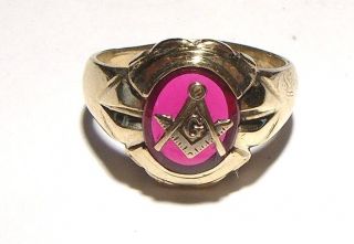 Vintage Mens Masonic Ring Old 50s Style Ruby Stone