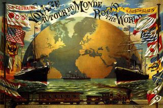 VOYAGE THE WORLD GLOBE SHIP TRAIN VINTAGE REPRO LARGE