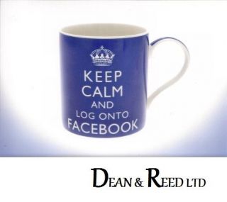 Keep Calm and Log onto Facebook China Mug in Blue. Gift Boxed Mug