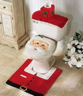 Christmas Happy Santa Fabric Toilet Seat Cover and Rug Bathroom 