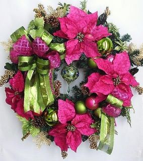   Holiday, Winter, Lime Green,Magenta, Poinsettia Flower Door Wreath