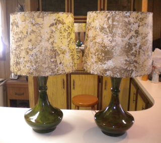 Matching 1950s Ceramic Avocado Mid Century Table Lamps w/ Original 