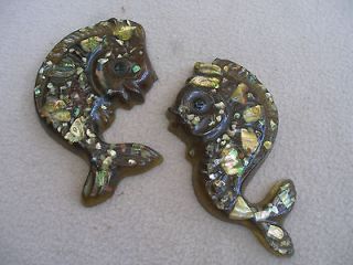 Pair of Fun 1960s Vintage 6 Resin & Abalone Shell Wall Fish
