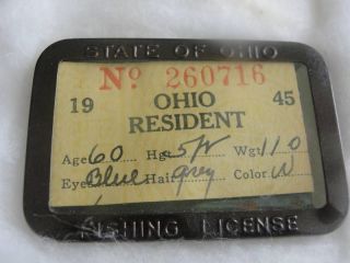 1945 Ohio Resident fishing license in metal holder