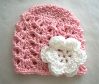   Crochet Baby Girl Newborn 0 3m Fall Hat Beanie Pink Large White Flower