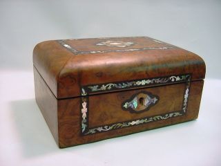 Antique Inlaid Mother of Pearl Wood Jewelry Box w/Key Veneer Chest