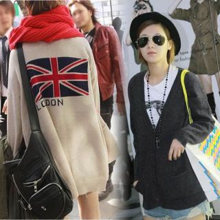 Womens V neck Casual Loose Behind Union Jack Knit Coat Tops Cardigan 