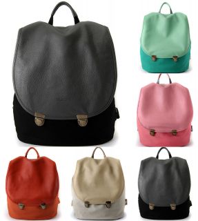 Womens HANDBAG Backpacks Genuine Leather Flap with Canvas Book Bag 
