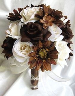 17pc Bouquet wedding Silk flowers centerpiece IVORY CREAM BROWN DAISY 