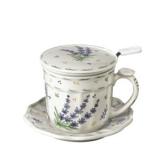 Andrea by Sadek Lavender Flower Covered Tea Cup/Mug Saucer & Strainer 