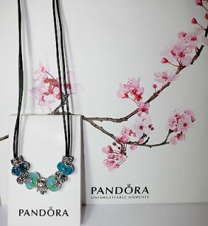   Pandora Black Leather Lariat Turquoise Lagoon w/9 Beads/Charms