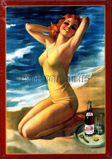   DeVorss Redhead on Beach Pin Up Girl Pop Advertisement Tin Metal Sign