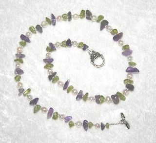   , Green Peridot and White Freshwater Pearl (Suffragette) Necklace