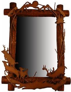 Laser cut Art Mirror, Deer Scene 26 rustic wood accent frame 4119