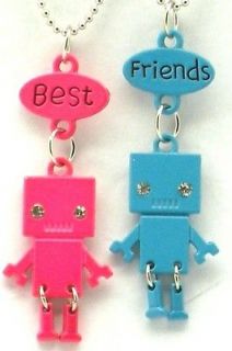   Best Friend Robot Charm 2 Pendant 2 Necklace Blue Pink Friendship BFF