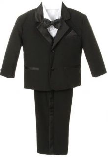 BOY Infant Toddler Wedding Formal TUXEDO Suit set w/Handkerchief Black 