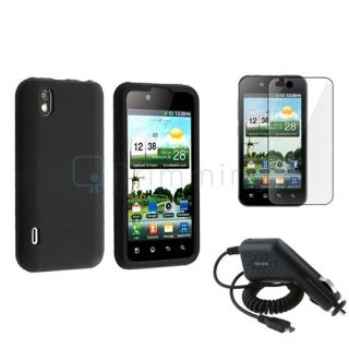 Black Rubber Silicone Case+Car Charger+Guard For LG Marquee Optimus 