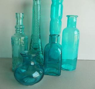 Group of 6 Turquoise Glass Bottles~differ​ent shapes and sizes~Home 