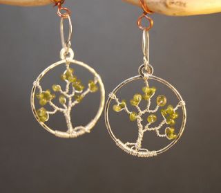   Circle Earrings with Peridot Gemstones Tree Inside 14Kt or Sterling