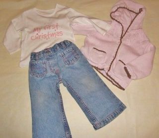 GIRLS 9 12M PINK JACKET, JEANS & BNWOT MY FIRST CHRISTMAS TOP MULTI 