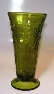 Vintage tall green glass vase Grapes leaves vines