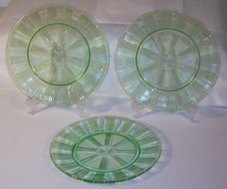   Green Depression Glass Cake Desert Fruit 6.75 Plates Etched Lines VGC