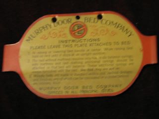 Vintage MURPHY DOOR BED COMPANY Metal Plaque Instruction Plate for 