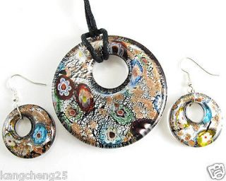   Dichroic Foil Murano Art Glass Round Pendant Necklace Earrings set