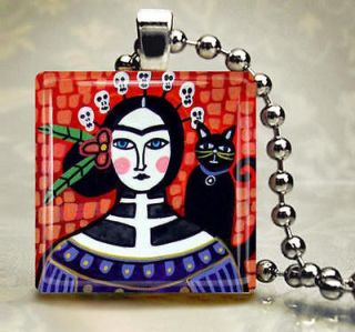 Mexican Folk Art Jewelry Frida Kahlo Necklace Pendant Day of the Dead 