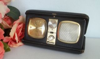 Vintage Kenton alarm clock and radio in leather travel case
