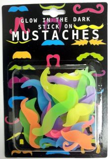 Set of 12 Fake Neon Glow In The Dark Stick On Mustaches