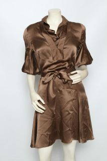 Givenchy Cocoa Brown Silk Satin Belted Ruffle Trim Cocktail Dress sz 8 