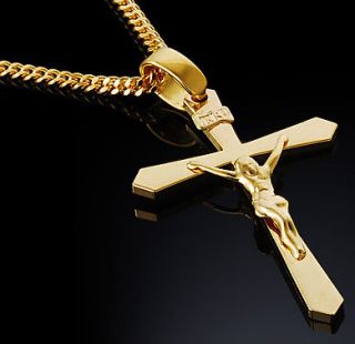   Gold Nano Injection Plated Mens Jesus Cross Pendant Chain Necklace 17