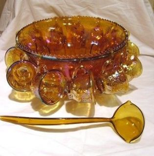   Iridescent Gold Marigold Princess Carnival Glass Punch Bowl Set