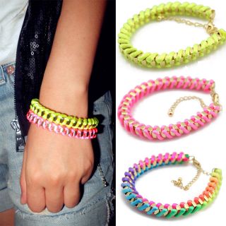   Girls Lady Gold Tone Chain Handmade Twine Rope Bracelet Summer color