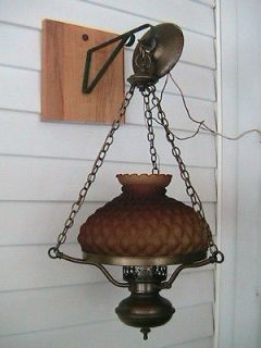 VTG amber glass shade hanging metal chain light lamp / fixture