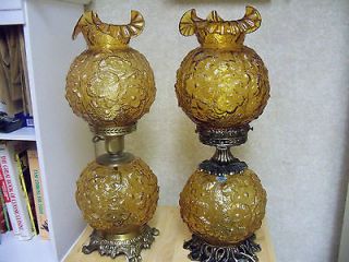 Set of 2 Gone With The Wind Amber FENTON Glass Lamps in Poppy Rose 