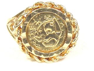 1985 Panda Coin Ring 10K yellow gold Mounting Diamond cut Rope Bezel
