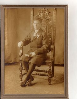 ANTIQUE PHOTO BOY SITS IN OLD CHAIR PRAYER BOOK SUIT & SHORTS