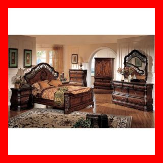   Formal Cherry Queen King Sleigh Bed 4 Pc Bedroom Set Furniture