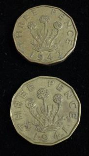   Vintage British Coin Great Britian THREE PENCE 1941 & 1942 George VI