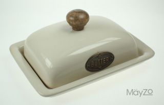 Beige Ceramic Pottery Butter Dish & Lid Vintage Kitchen Table