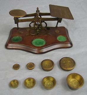 ANTIQUE BRASS & WOOD POSTAGE SCALE With Weights