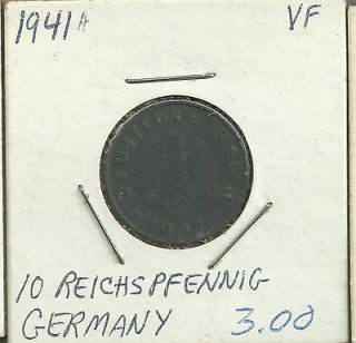 1941 A Germany 10 Reichspfennig Coin swastica on front, starting to 